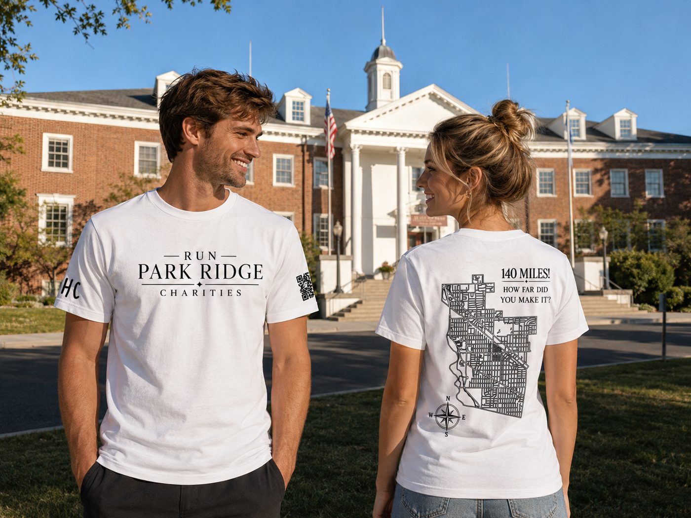 Two runners wearing RunYourCity shirts, front and back